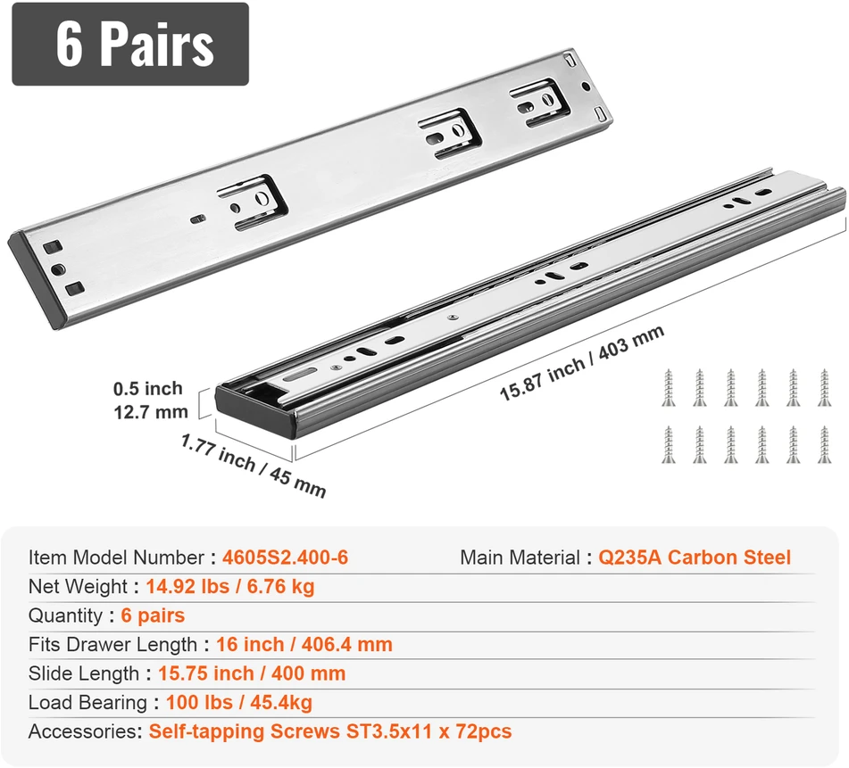VEVOR 406.4 mm švelniai užsidarantys stalčiaus bėgeliai, 6 poros