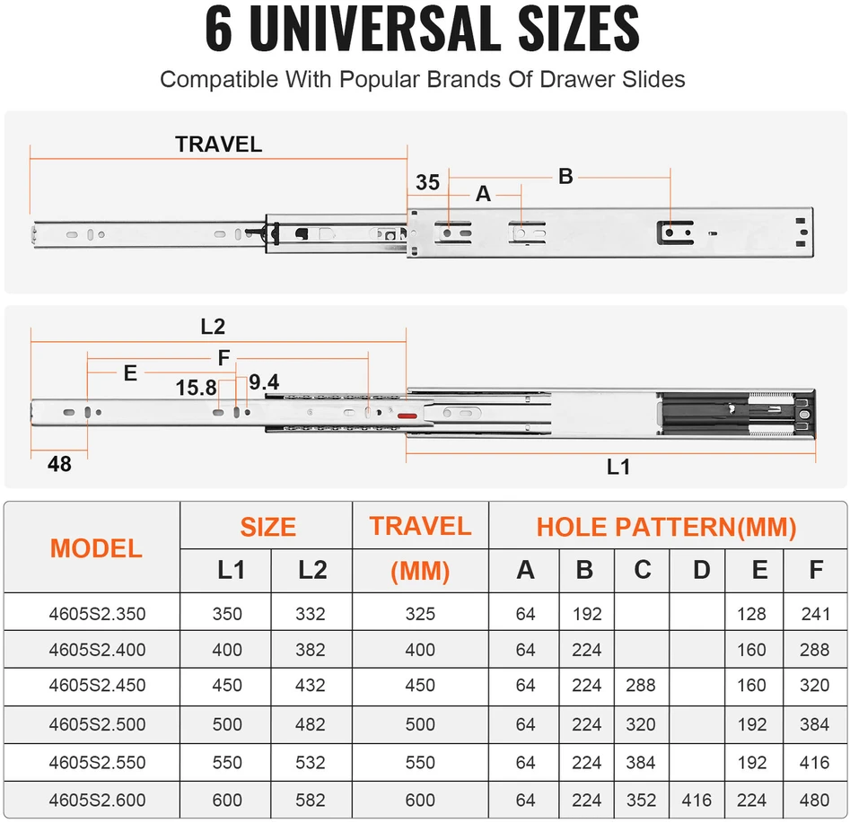 VEVOR 406.4 mm švelniai užsidarantys stalčiaus bėgeliai, 6 poros