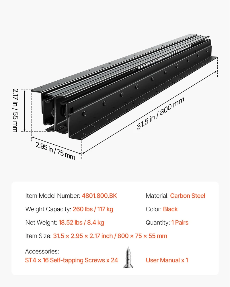 VEVOR Pogrindinės stalčių bėgeliai 80 cm 117 kg apkrova