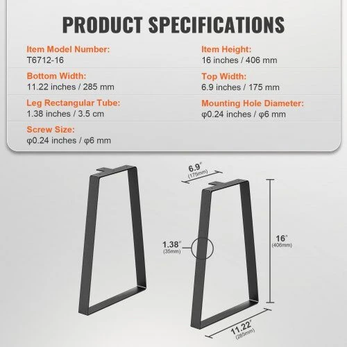 VEVOR Trapezoidinės plieninės stalo kojos 406 mm, 2 vnt.