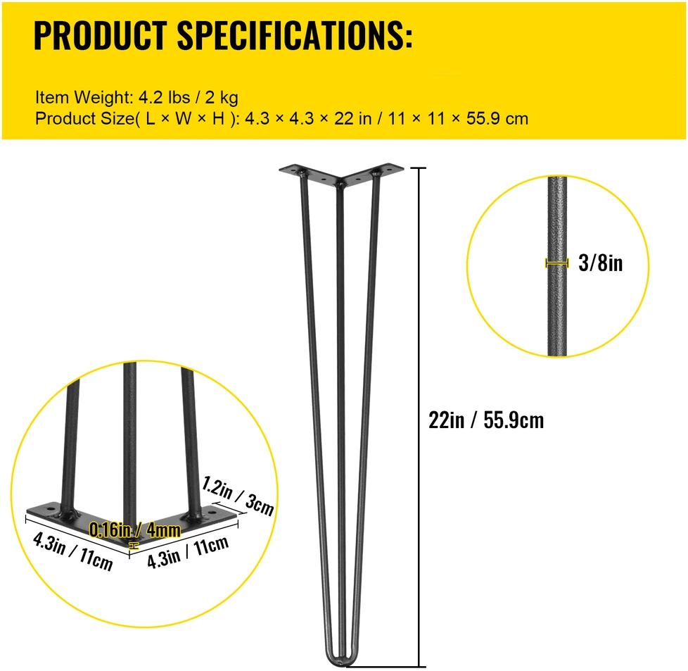 VEVOR Plieninės plaukuotukų 22 cm kojos stalui