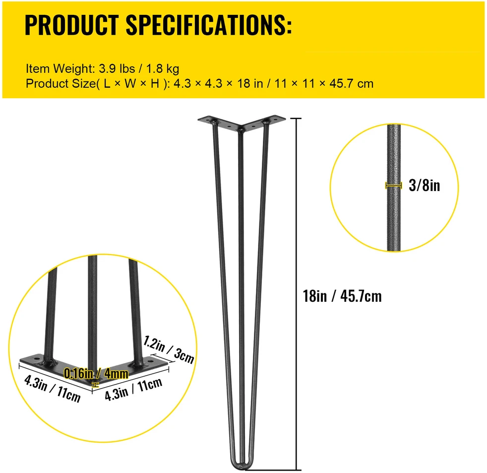 VEVOR Juodi plieniniai 18 cm plaukų segtukų stalo kojos