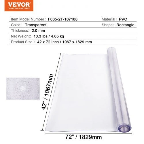 VEVOR PVC stalo apsauga 1067x1829mm, 2.0mm storis