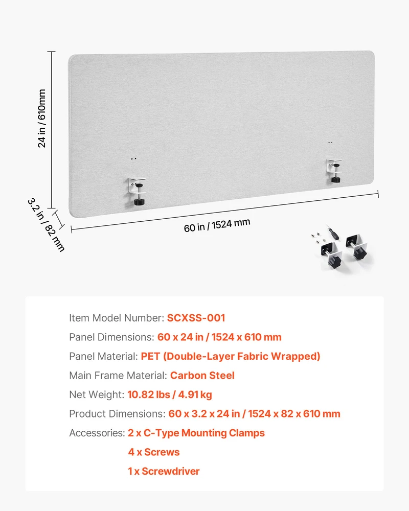 VEVOR Darbo stalo privatumo pertvara, 1524 x 610 mm