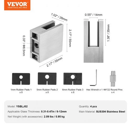 VEVOR Stiklo laikikliai turėklams 4 vnt, 8-12 mm, sidabriniai