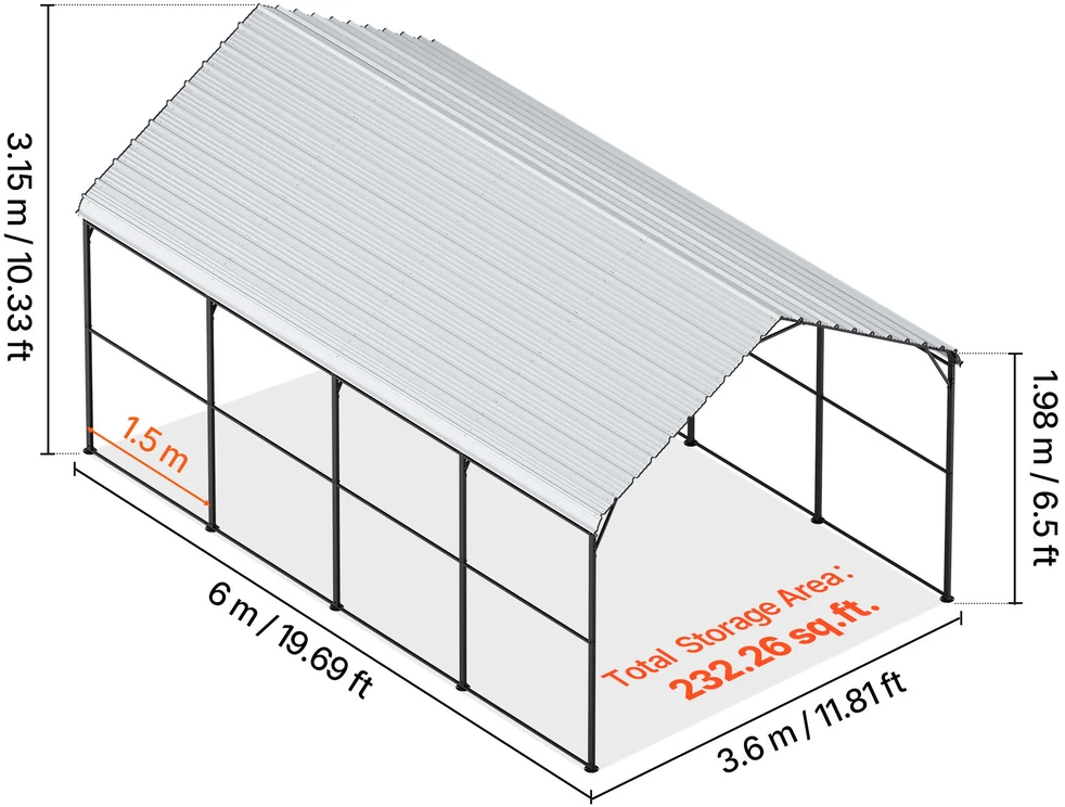 VEVOR Metalinė automobilių pastogė 3,6 x 6 m