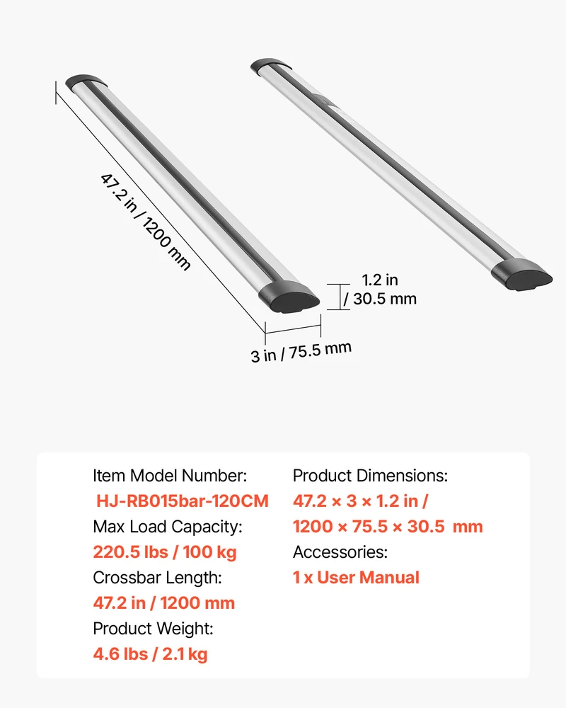 VEVOR Stogo bagažinės skersiniai, 100 kg, 120 cm, aliuminis