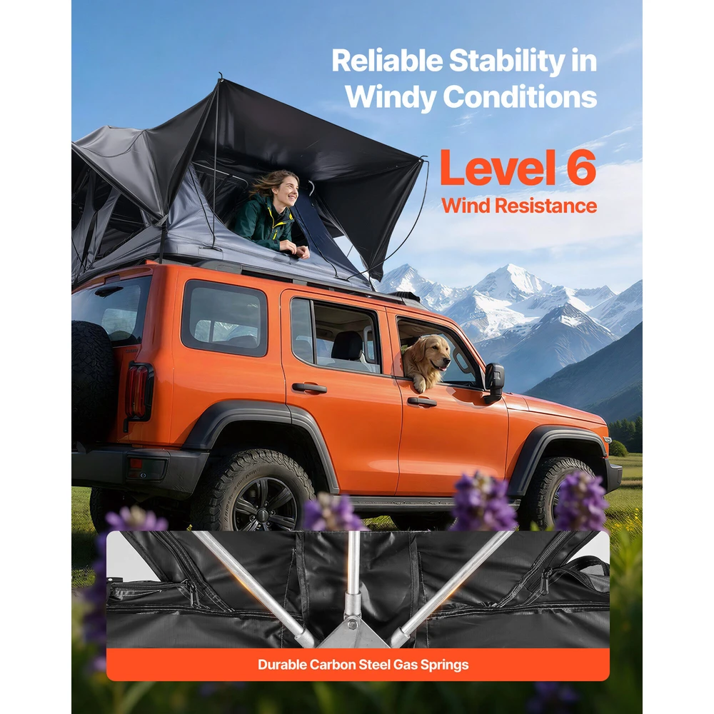 VEVOR Stogo palapinė 2-3 asmenims, sulankstoma aliumininė stovyklavimo palapinė ant stogo, atspari vandeniui ir vėjui su LED apšvietimu, automobilio stogo palapinė, kelioninė stogo palapinė