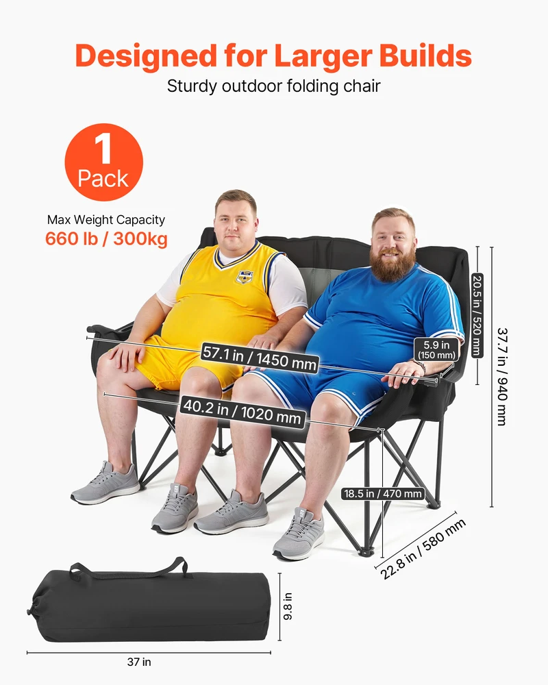 VEVOR Didelė dviguba stovyklavimo kėdė dviem asmenims, didelė 300 kg apkrova, dvigubi puodelių laikikliai ir daiktų laikymo dirželiai, lauko sulankstoma kėdė, paplūdimio stovyklavimo kėdė, nešiojama dvivietė kėdė