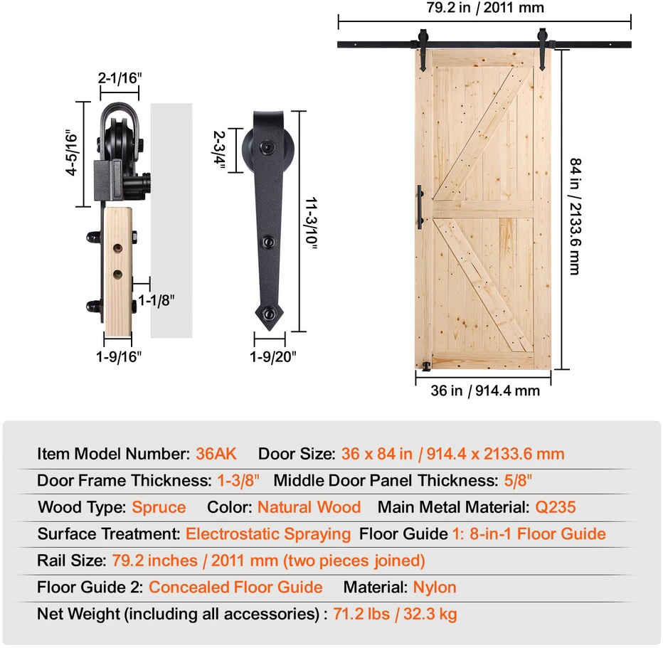 VEVOR Stumdomų durų komplektas 91 cm x 213 cm