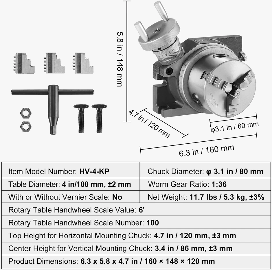 VEVOR Rotacinis stalas frezavimo staklėms, 100 mm