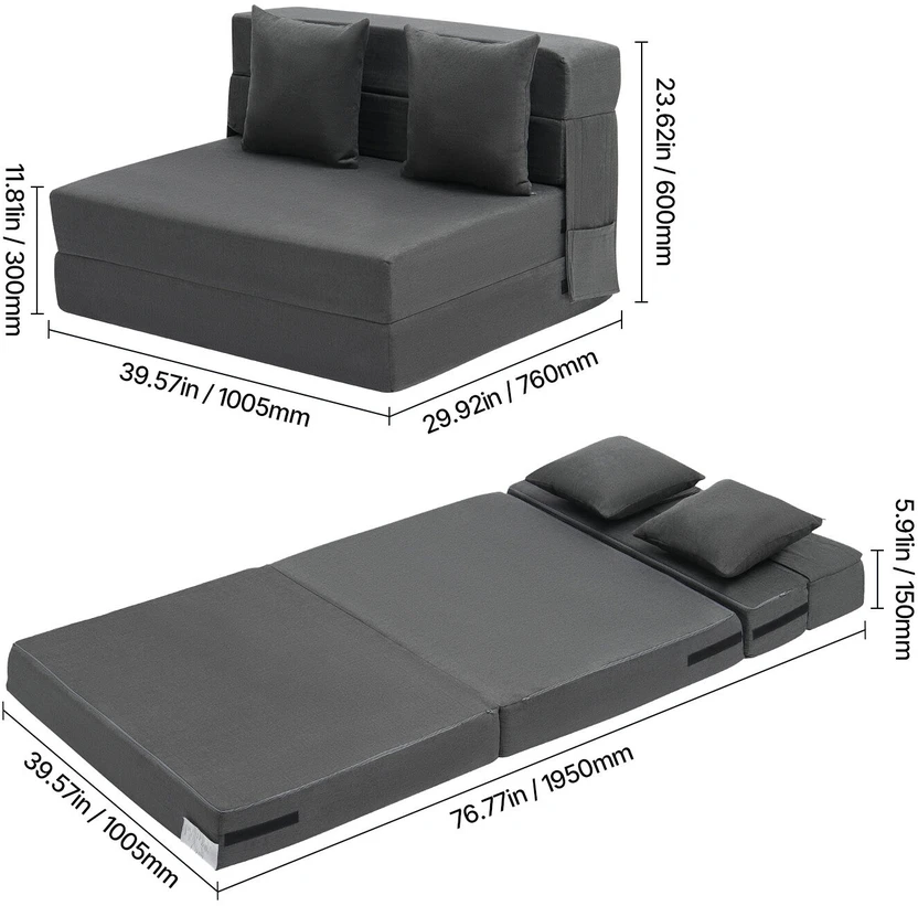 VEVOR Sulankstoma sofa-lova su pagalvėmis tamsiai pilka