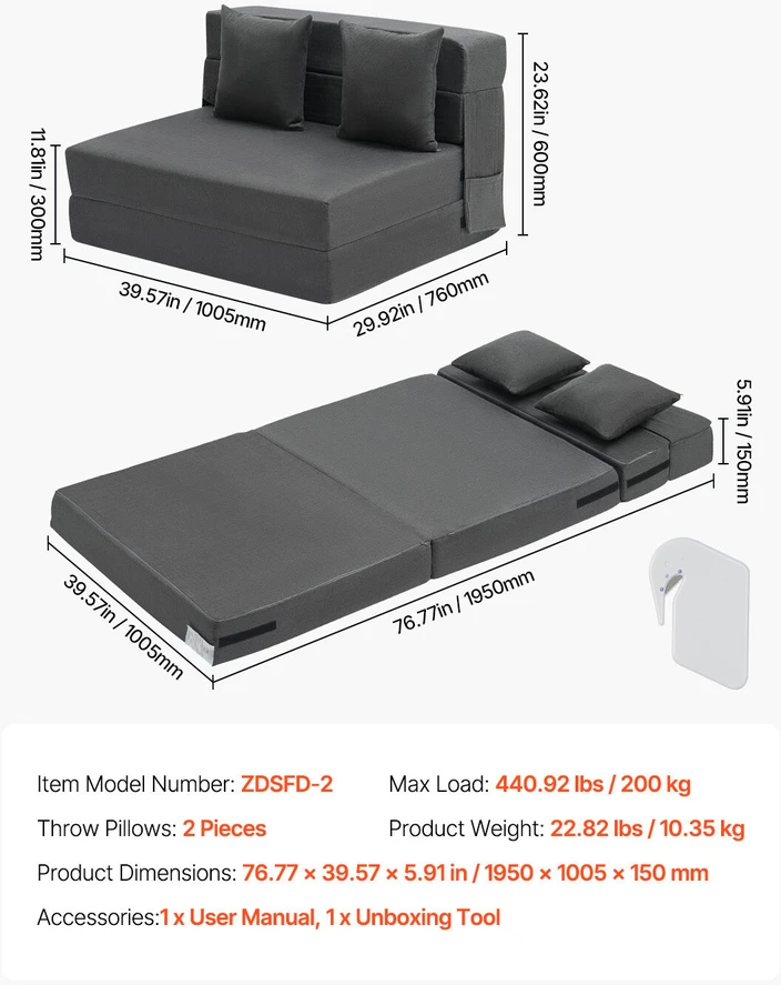 VEVOR Sulankstoma sofa-lova su pagalvėmis tamsiai pilka