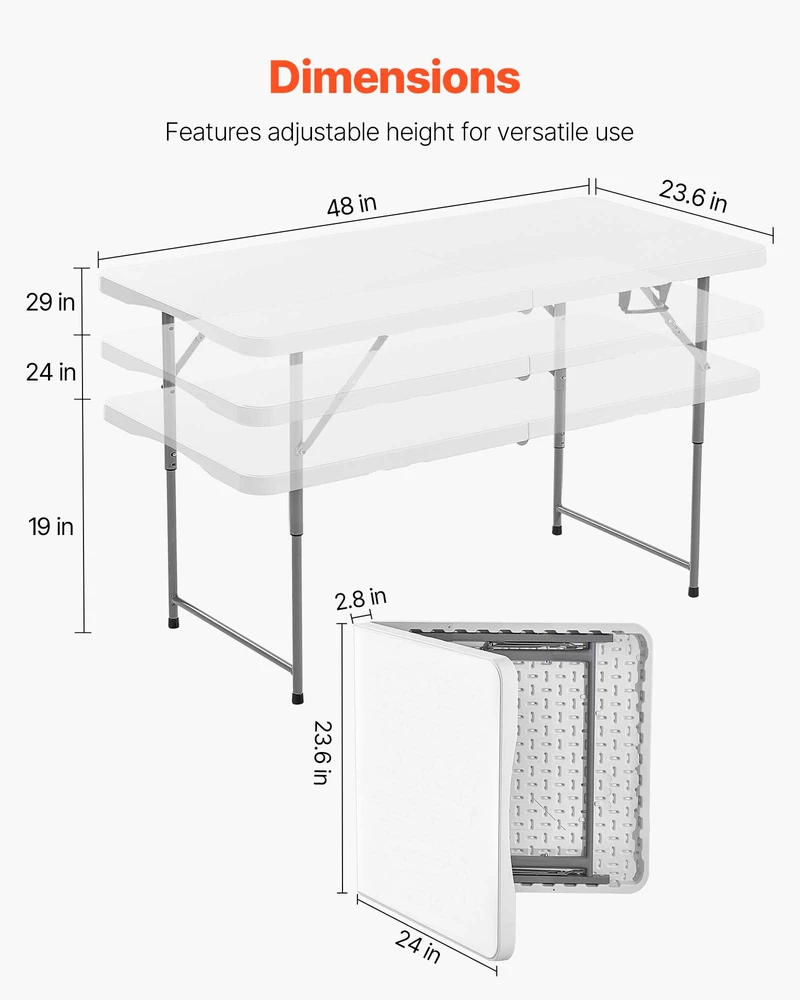 VEVOR Sulankstomas plastikinis stalas 122cm vidaus ir lauko naudojimui