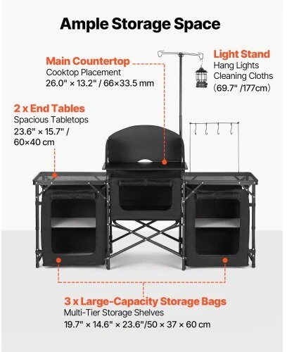 Vevor Sulankstomas stovyklavimo virtuvės stalas 177x45x80 cm su daiktų laikymo organizatoriumi ir vėjo skydeliu
