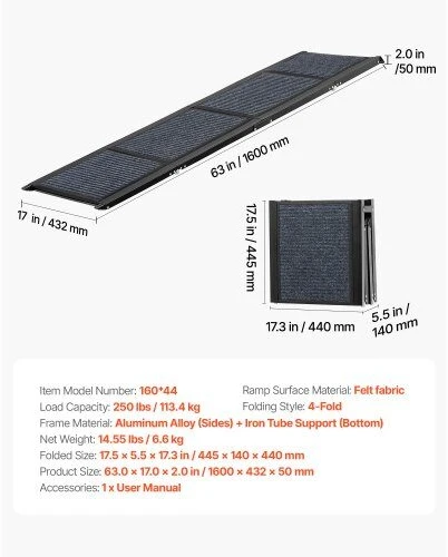 VEVOR Automobilinė rampa šunims, 160 x 43,2 cm, 113 kg