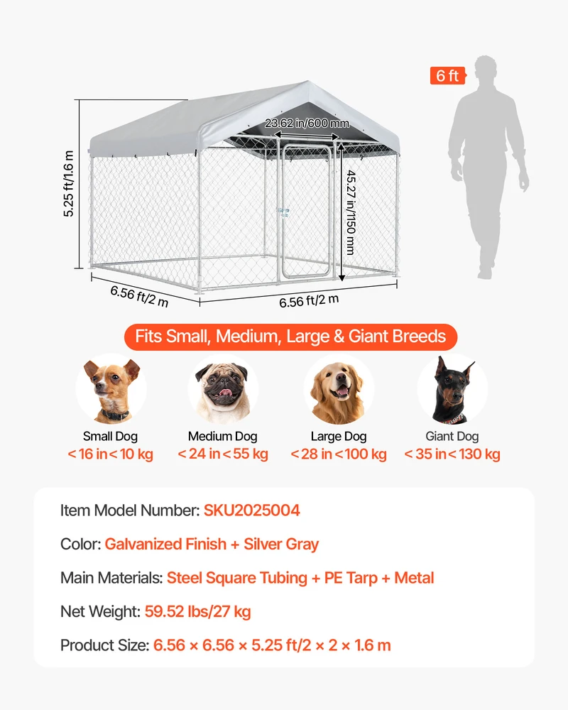 Lauko voljeras šunims VEVOR SKU2025004, 2 x 2 x 1,6 m
