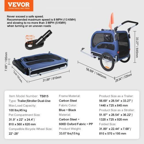 VEVOR Dviračio priekaba augintiniams iki 45 kg