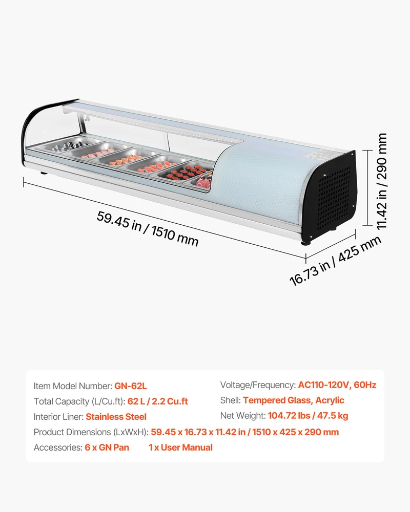 VEVOR Sushi vitrina su šaldytuvu, 62 L komercinė