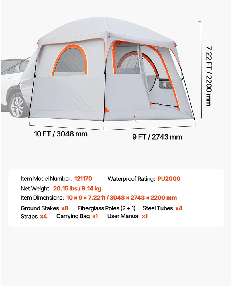 VEVOR Didelė SUV automobilių palapinė 6 asmenims, 3,048 x 2743 x 2200m m, PU2000 mm
