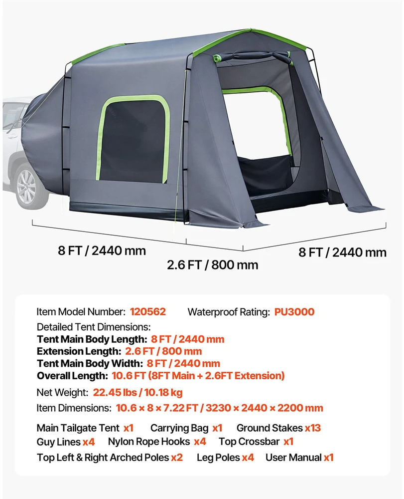 VEVOR Didelė SUV automobilių palapinė 5–9 asmenims, 2440 x 800 mm, PU3000 mm