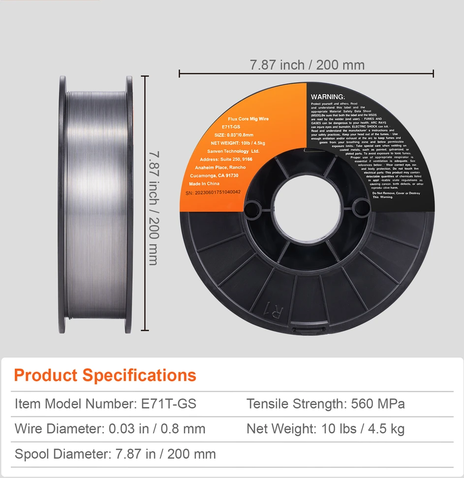 VEVOR Fluxinė suvirinimo viela E71T-GS 0.8 mm 4.5kg