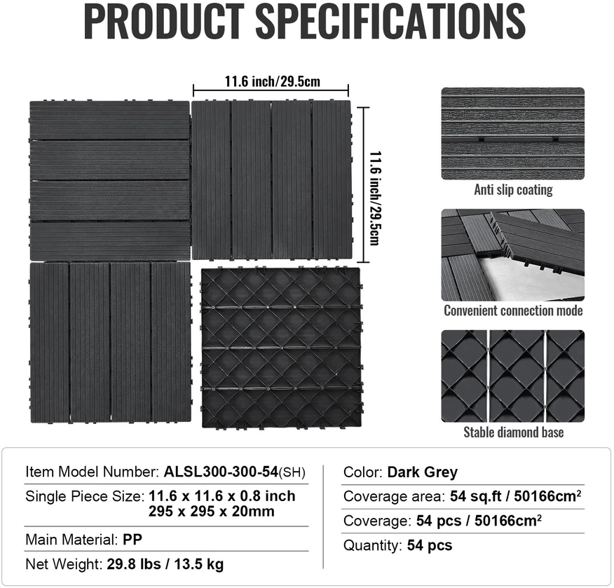 VEVOR Plastikinės terasa plytelės 54 vnt. 30x30 cm