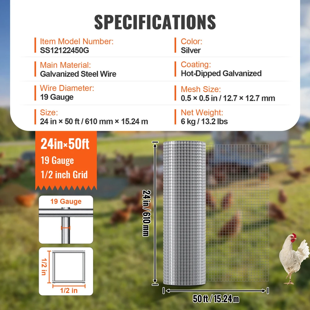 VEVOR Cinkuota vielinė tvora, 1/2 colio 24x50 pėd.