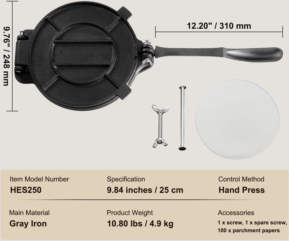 VEVOR Ketaus tortilijų presas, 20 cm