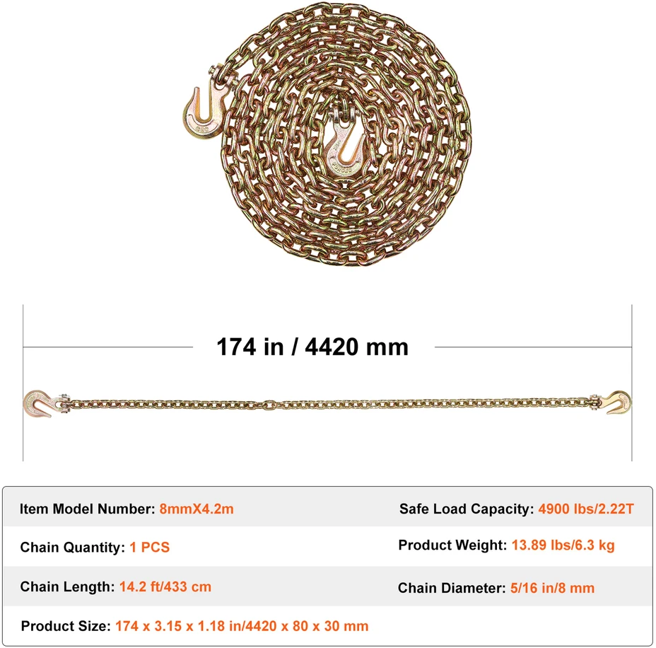 VEVOR G80 vilkimo grandinė su dviem kabliais 8mm x 4.33m