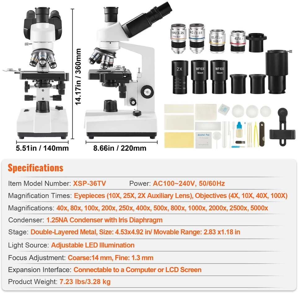 VEVOR Trinokulinis mikroskopas 40X-5000X