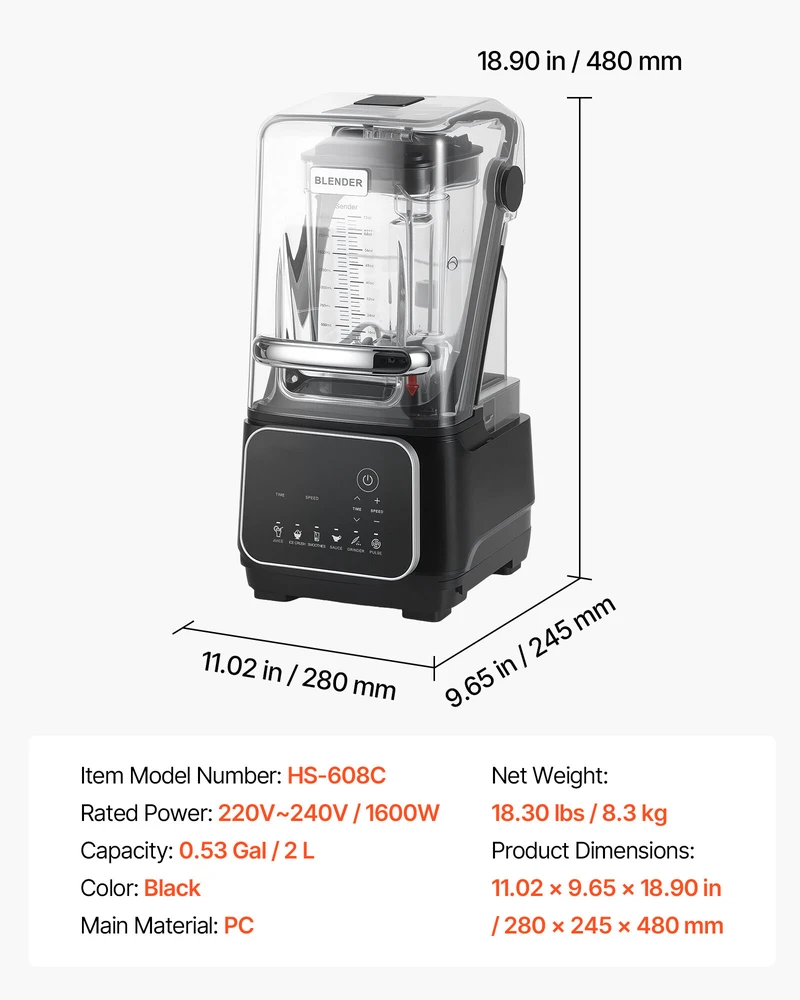 VEVOR Virtuvinis blenderis su ekranu 2L, 2200W, juodas