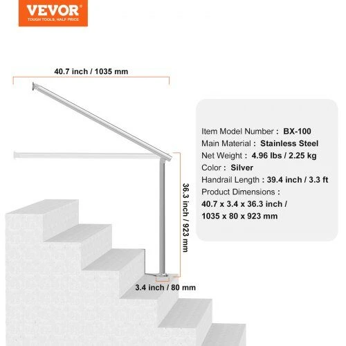 VEVOR Lauko turėklai 100 cm iš nerūdijančio plieno