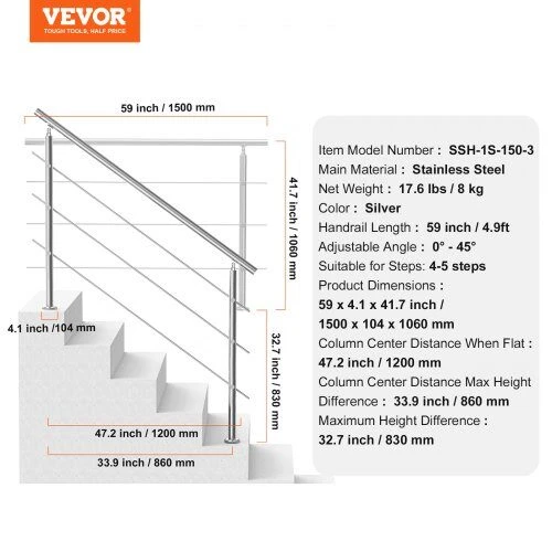 VEVOR 59 cm lauko turėklai su 3 skersiniais