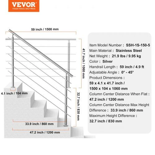 VEVOR 59 cm laiptų turėklai su 5 skersiniais