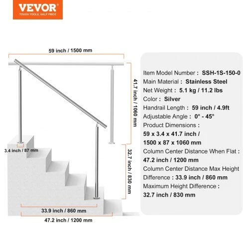 VEVOR Lauko turėklai 150 cm laiptams