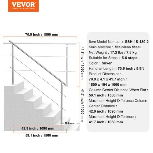 VEVOR 180 cm turėklai lauko laiptams su dviem skersiniais