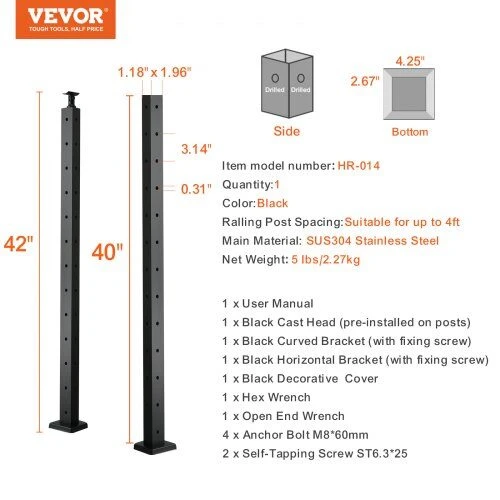 VEVOR Laiptų turėklų kampinis stulpas 107x2.5x5 cm juodas