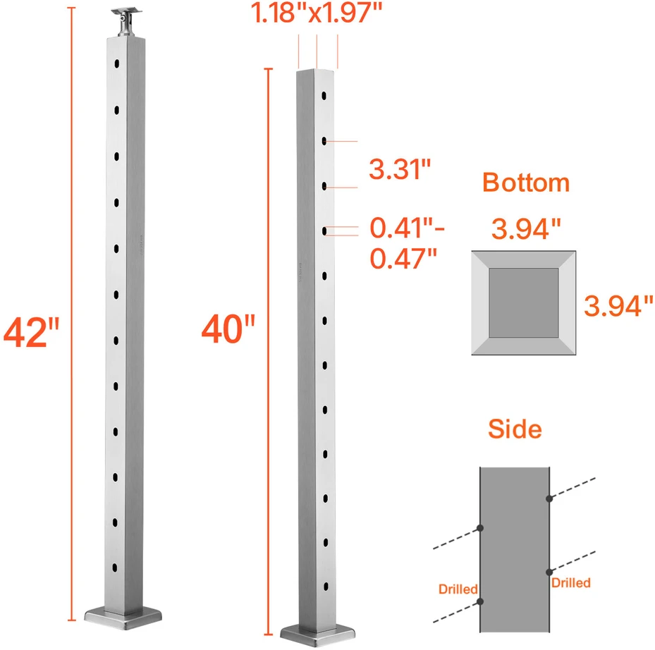 VEVOR nerūdijančio plieno turėklų stulpas 107x5x5 cm