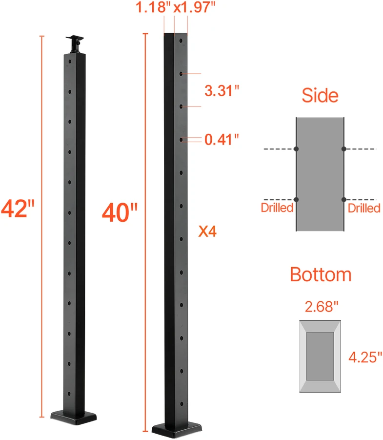VEVOR horizontalus kabelių turėklų stulpas 107x2.54x5.08 cm