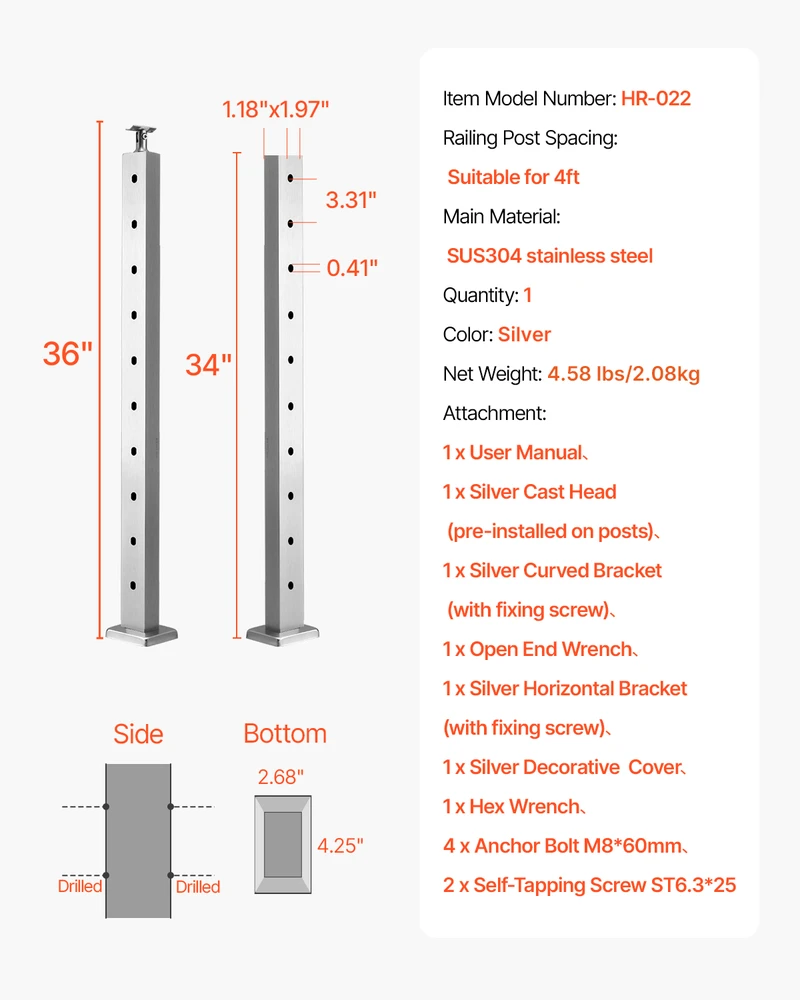 VEVOR nerūdijančio plieno laiptų turėklų stulpas 91 cm