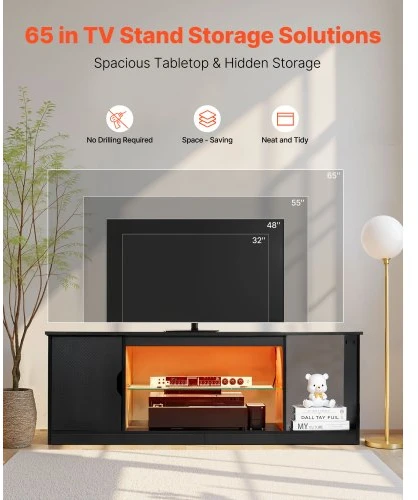 TV staliukas Vevor TV stovas iki 165 cm su stikline lentyna