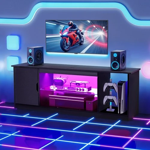 TV staliukas Vevor TV stovas iki 165 cm su stikline lentyna