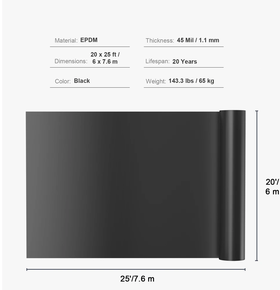 VEVOR Tvenkinių plėvelė EPDM 6 x 7.6 m juoda