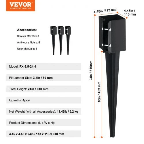 VEVOR Pamatų inkaro smaigas, 4 vienetų rinkinys