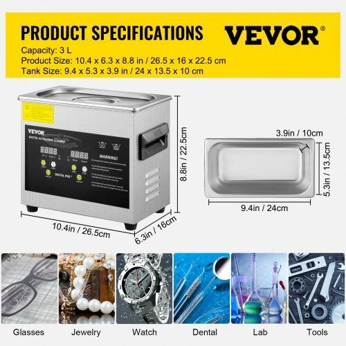 VEVOR 3L ultragarsinis valymo įrenginys su šildytuvu