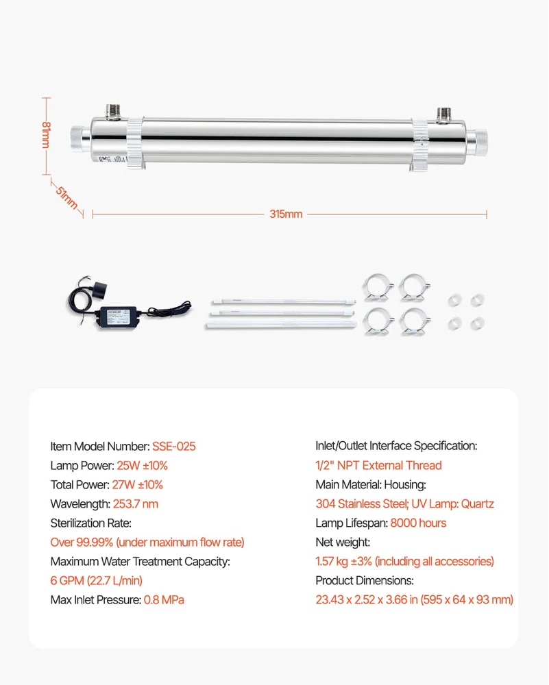 VEVOR 220V 25W UV vandens valytuvas 6 GPM