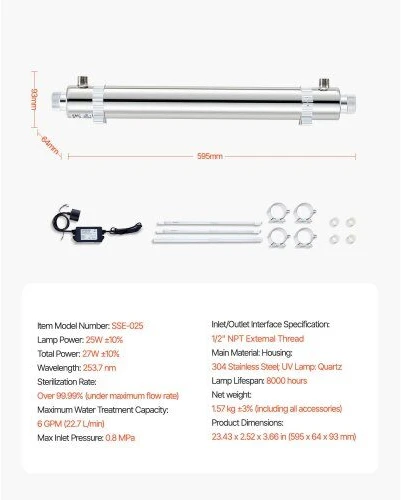 VEVOR 220V 25W UV vandens valytuvas 6 GPM