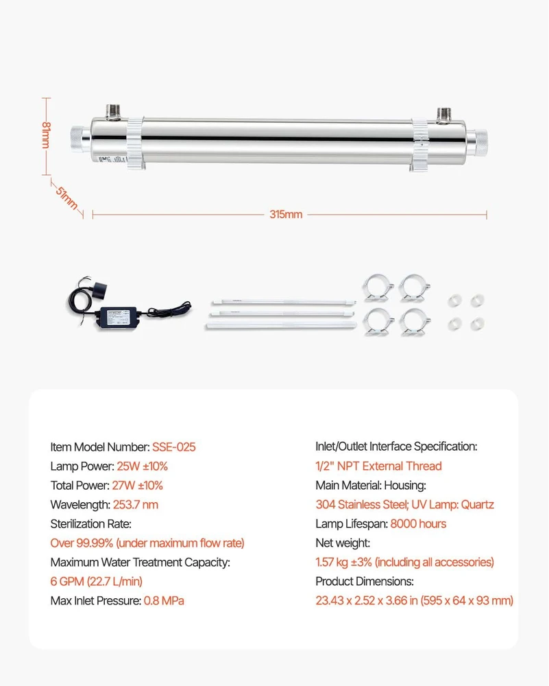 VEVOR 220V 25W UV vandens valytuvas 6 GPM