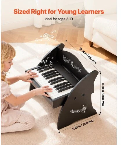 VEVOR Vaikiškas medinis skaitmeninis pianinas su 25 klavišais, dvigubo maitinimo nešiojamas muzikinis žaislas, reguliuojamo garsumo lavinamasis instrumentas, juoda vaikiška pianino klaviatūra